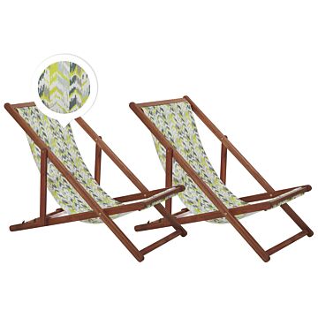 Set Of 2 Garden Deck Chairs Dark Acacia Wood Frame Yellow And Grey Replacement Fabric Hammock Seat Reclining Folding Sun Lounger Beliani