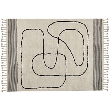 Cotton Rug Beige And Black 140 X 200 Cm Abstract Pattern Tassels Low Pile Modern Beliani
