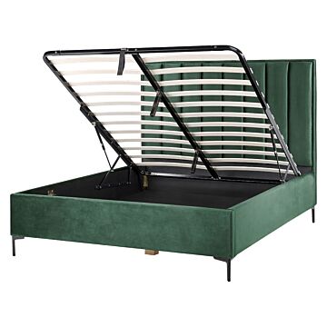 Bed Frame Green Velvet Eu King Size 5ft3 With Ottoman Storage Padded Headboard Black Metal Legs Beliani