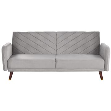 Sofa Bed Light Grey Velvet Fabric Modern Living Room 3 Seater Wooden Legs Track Arm Beliani