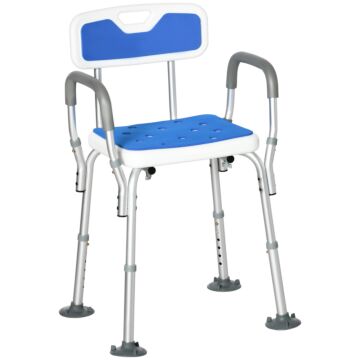 Homcom Eva Padded Shower Chair For The Elderly And Disabled, Height Adjustable Shower Stool With Back And Arms, 4 Suction Foot Pads, Blue