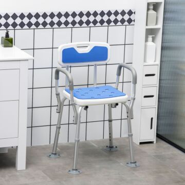 Homcom Shower Stools Shower Seat, Eva Padded, Height Adjustable With Back And Arms, 4 Suction Foot Pads, Blue