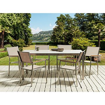 Garden Dining Set White Tabletop Glass Stainless Steel Frame Beige Set Of 6 Chairs Textilene Modern Outdoor Style Beliani