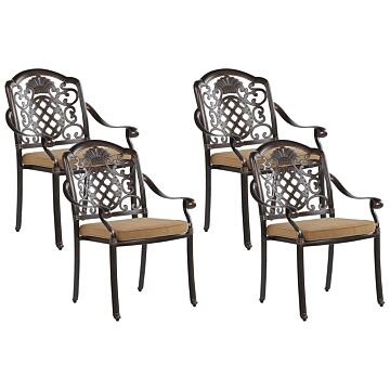 Set Of 4 Garden Dining Chairs Brown Aluminium With Seat Cushions Outdoor Retro Style Beliani
