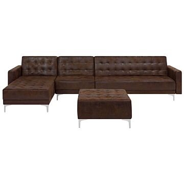 Corner Sofa Bed Brown Faux Leather Tufted Modern L-shaped Modular 4 Seater With Ottoman Right Hand Chaise Longue Beliani