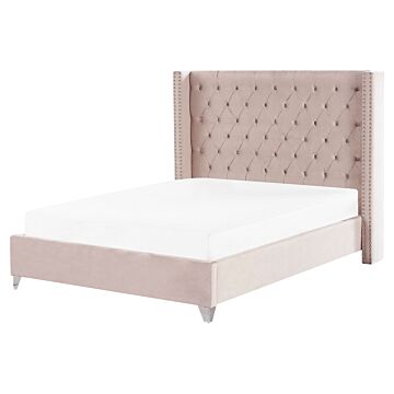 Slatted Bed Frame Pink Velvet 5ft3 Eu King Size Upholstered Tufted Headrest Nailhead Trim Glam Design Beliani