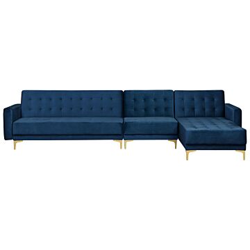 Corner Sofa Bed Navy Blue Velvet Tufted Fabric Modern L-shaped Modular 5 Seater Left Hand Chaise Longue Beliani