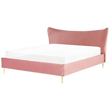 Eu King Size Bed Pink Velvet 6ft Upholstered Frame Metal Legs Slatted Base Headboard Modern Glam Style Bedroom Beliani