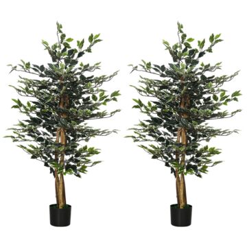 Homcom Artificial Ficus Tree In Pot, 130cm Tall Fake Plant With Lifelike Leaves And Natural Trunks, For Indoor Outdoor, Set Of 2, Green