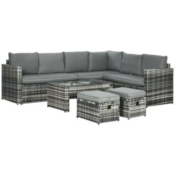 Outsunny 6 Piece Rattan Garden Furniture Set, 8-seater Outdoor Sofa Sectional With 3 Cushioned Loveseat 2 Footstools Table, Grey