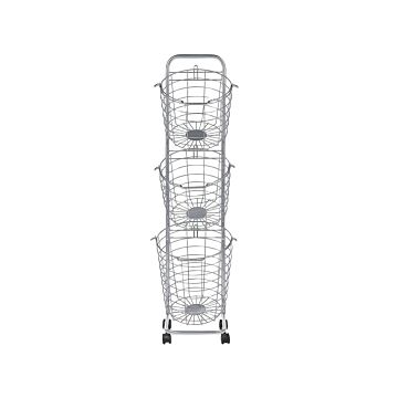 3 Tier Wire Basket Stand Silver Metal With Castors Handles Detachable Kitchen Bathroom Storage Accessory For Towels Newspaper Fruits Vegetables Beliani