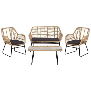 Garden Conversation Sofa Set Black Faux Rattan With Seat Pads And Coffee Table Beliani