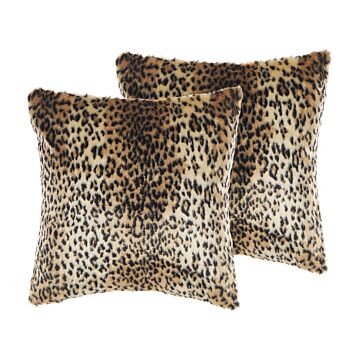 Set Of 2 Throw Cushions Brown Acrylic 45 X 45 Cm Glam Leopard Print Zipper Furry Living Room Bedroom Beliani