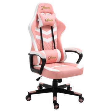 Vinsetto Racing Gaming Chair With Lumbar Support, Headrest, Swivel Wheel, Pvc Leather Gamer Desk Chair For Home Office, Pink White