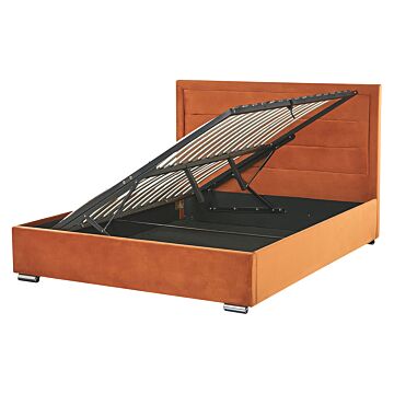 Storage Bed Orange Velvet Upholstery Eu Double Size 4ft6 Modern Design Padded Headboard Ottoman Lift Beliani
