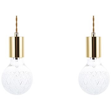 Set Of 2 Pendant Lamps Glass Gold Minimalist Industrial Light Bulb Beliani