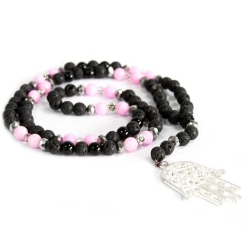Hamsa Pink & Black - Gemstone Necklace