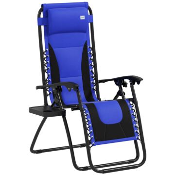 Outsunny Zero Gravity Lounger Chair, Folding Reclining Patio Chair With Padded Seat, Cup Holder, Soft Cushion And Headrest For Poolside, Camping, Blue