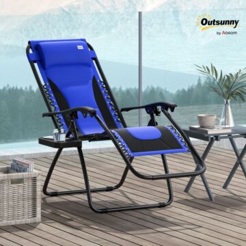 Outsunny Zero Gravity Lounger Chair, Folding Reclining Patio Chair With Padded Seat, Cup Holder, Soft Cushion And Headrest For Poolside, Camping, Blue