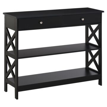 Homcom Console Table Side Desk W/ Shelves Drawers Open Top X Support Frame Living Room Hallway Home Office Furniture Black