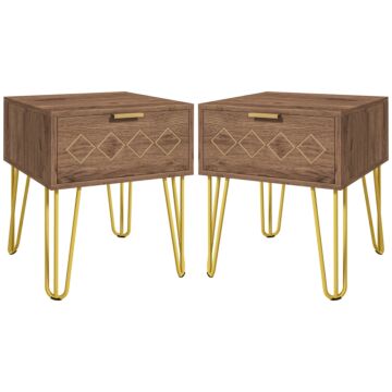 Homcom Bedside Table Set Of 2 With Drawer, Wooden Nightstand, Modern Sofa Side Table With Gold Tone Metal Legs For Bedroom