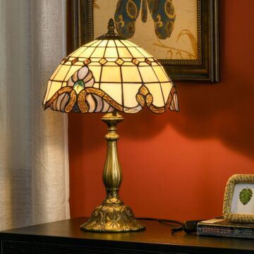 Homcom Stained Glass Table Lamp, Handmade Antique Bedside Lamp, Decorative Night Light, Home, Nightstand
