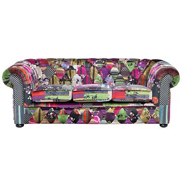 3 Seater Sofa Multicoloured Fabric Tufted Scroll Arms Purple Patchwork Eclectic Beliani