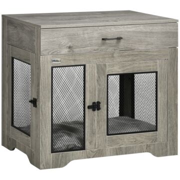 Pawhut Indoor Use Dog Crate Furniture With Cushion, Double Doors Pet Kennel End Table With Drawer For Medium Dogs, Grey