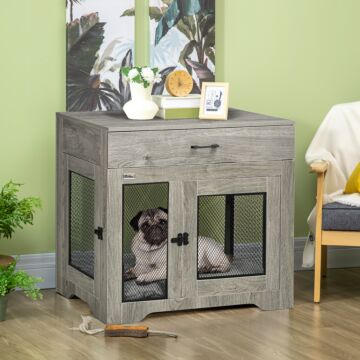 Pawhut Indoor Use Dog Crate Furniture With Cushion, Double Doors Pet Kennel End Table With Drawer For Medium Dogs, Grey