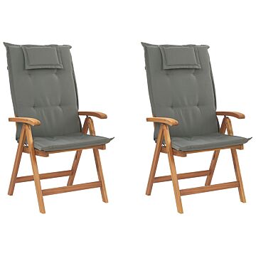 Set Of 2 Garden Chairs Light Acacia Wood With Graphite Grey Cushions Folding Feature Uv Resistant Rustic Style Beliani
