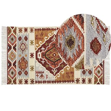 Kilim Area Rug Multicolour Wool And Cotton 80 X 150 Cm Handmade Woven Boho Patchwork Pattern With Tassels Beliani