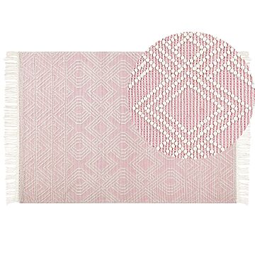 Rug Pink White Wool Polyester 160 X 230 Cm Geometric Pattern Tassels Boho Modern Beliani