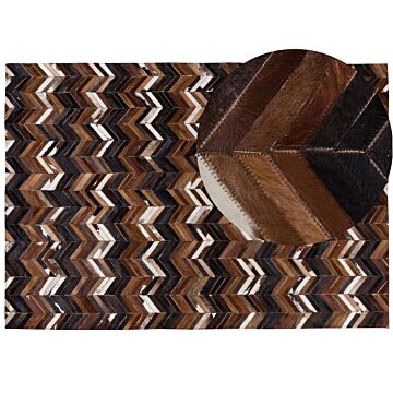Area Rug Brown Leather 160 X 230 Cm Patchwork Cowhide Zigzag Rectangular Country Beliani