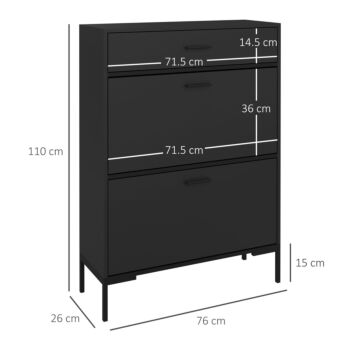 Homcom 3 Drawer Shoe Cabinet Cupboard With 2 Flip Doors, Sliding Out Drawer And Adjustable Shelf For 12 Pairs Of Shoes, Narrow Shoe Storage Organiser, Black