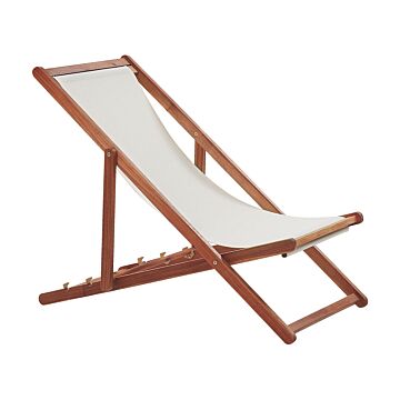 Garden Deck Chair Off-white Fabric Seat Dark Acacia Wood Frame Reclining Folding Sun Lounger Beliani
