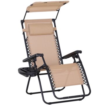 Outsunny Zero Gravity Garden Deck Folding Chair Patio Sun Lounger Reclining Seat With Cup Holder & Canopy Shade - Beige