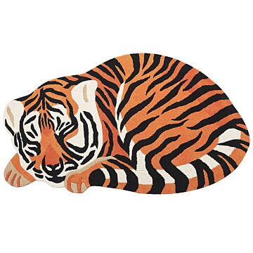 Kids Rug Orange Wool Cotton Backing 100 X 155 Cm Playroom Mat Animal Tiger Print Kids Room Bedroom Beliani