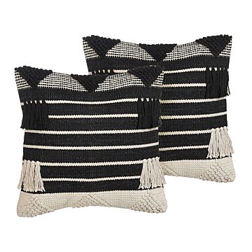 Set Of 2 Scatter Cushions Beige And Black Cotton 50 X 50 Cm Geometric Pattern Tassels Handwoven Removable Cover With Filling Beliani