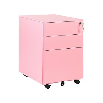 Office Storage Unit Pink Steel With Castors 3 Drawers Key-locked Industrial Design Beliani