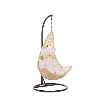 Hanging Chair Beige Pe Rattan Swing Egg Shape Wicker Rustic Boho Beliani