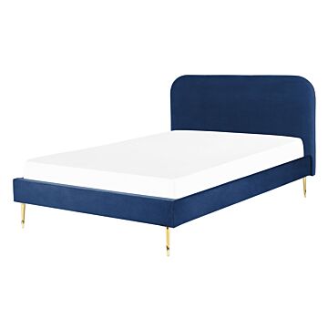 Bed Blue Velvet Upholstery Eu Double Size Golden Legs Headboard Slatted Frame 4.6 Ft Minimalist Design Beliani