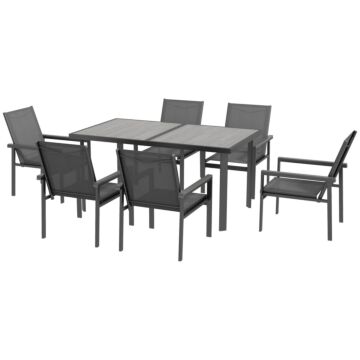 Outsunny 7 Pieces Garden Dining Set W/ Glass Top Dining Table, Outdoor Table And 6 Armchairs W/ Breathable Mesh Fabric Seats And Backrest