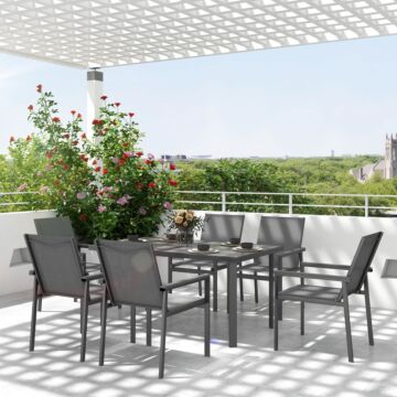 Outsunny 7 Pieces Garden Dining Set W/ Glass Top Dining Table, Outdoor Table And 6 Armchairs W/ Breathable Mesh Fabric Seats And Backrest