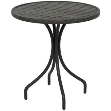 Outsunny Φ66cm Garden Side Table, Round Bistro Coffee Table, Outdoor Patio Table With Steel Frame And Slat Tabletop For Balcony And Porch, Grey Wood Grain