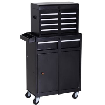 Durhand Tool Chest 2 In 1 Metal Tool Cabinet Storage Box With 5 Drawers Pegboard Wheels 60x28x104.5cm Black