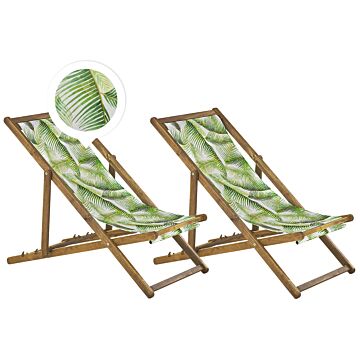 Set Of 2 Deck Chairs Light Acacia Frame Floral Leaves Pattern Replacement Fabric Hammock Seat Reclining Folding Sun Lounger Beliani