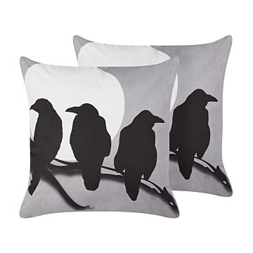 Set Of 2 Decorative Cushions Grey Velvet 45 X 45 Cm Crows Pattern Square Modern Minimalist Autumn Decor Accessories Beliani