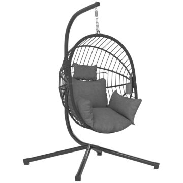 Outsunny Outdoor Swing Chair With Thick Padded Cushion, Patio Hanging Chair With Metal Stand, Foldable Basket, Cup Holder, Rope Structure