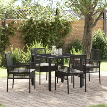 Vidaxl 5 Piece Garden Dining Set With Cushions Black Poly Rattan