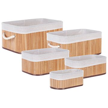 Set Of 5 Baskets Light Wood Natural Bamboo Wood Polyester With Handles Various Sizes Boho Modern Storage Accessory Beliani